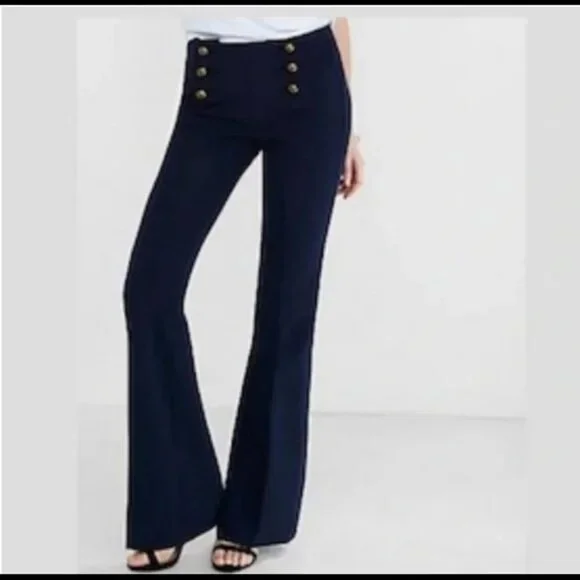 Express Retro Look Black 70s Sailor High-Waisted Gold Button Flare Dress  Pant 6